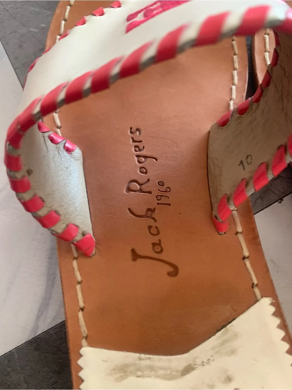 Jack Rogers White Leather Thong Sandals with Red Stitching and 'LOVE' Detail